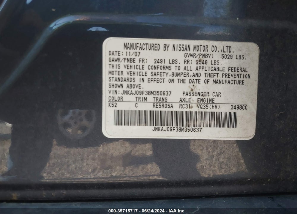 2008 INFINITI EX35 JOURNEY VIN: JNKAJ09F38M350637