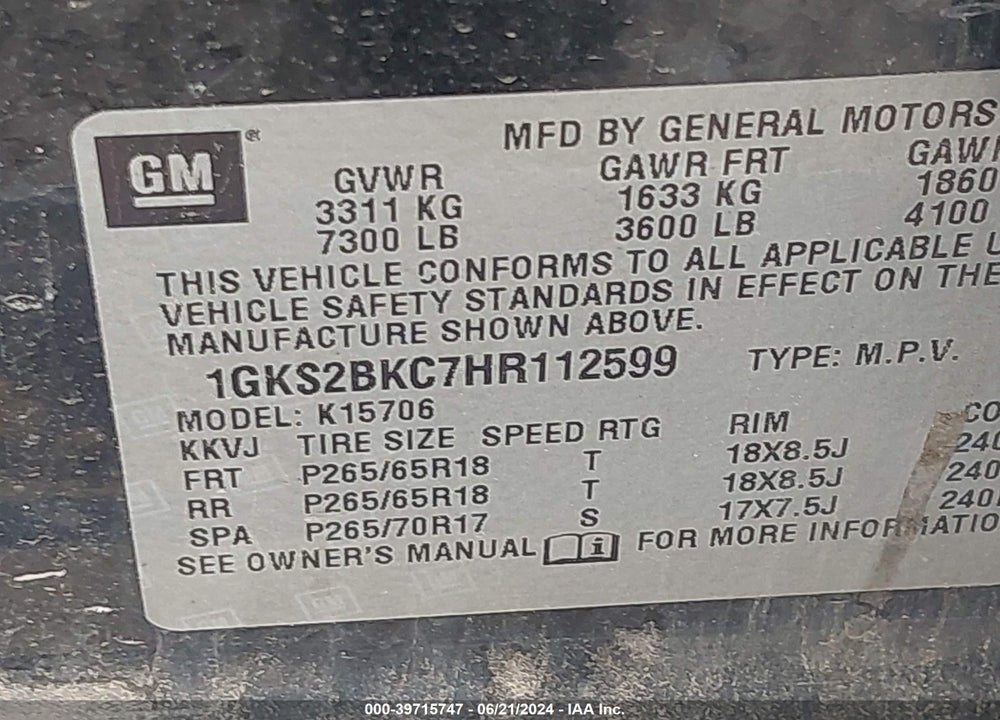 2017 GMC YUKON SLT VIN: 1GKS2BKC7HR112599