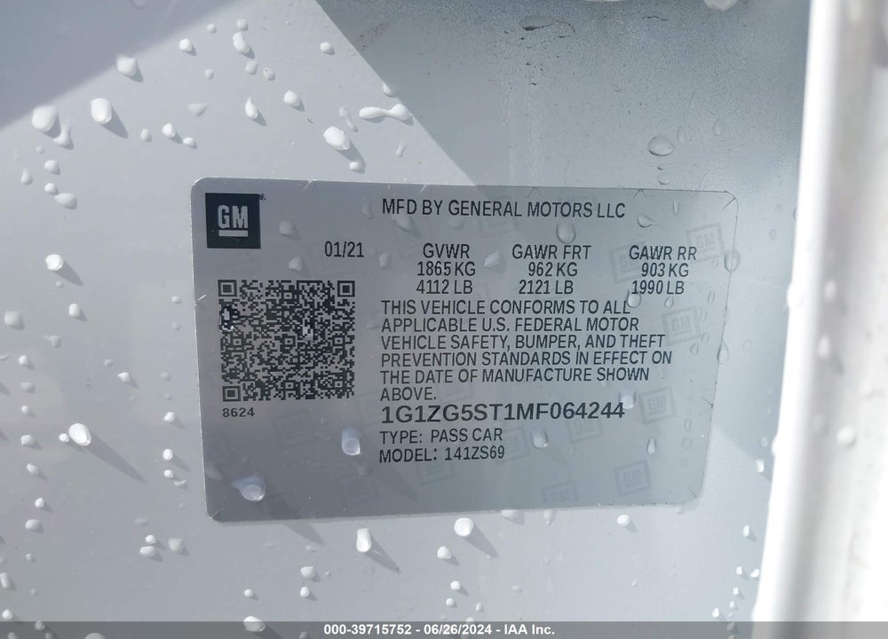 2021 CHEVROLET MALIBU FWD RS VIN: 1G1ZG5ST1MF064244