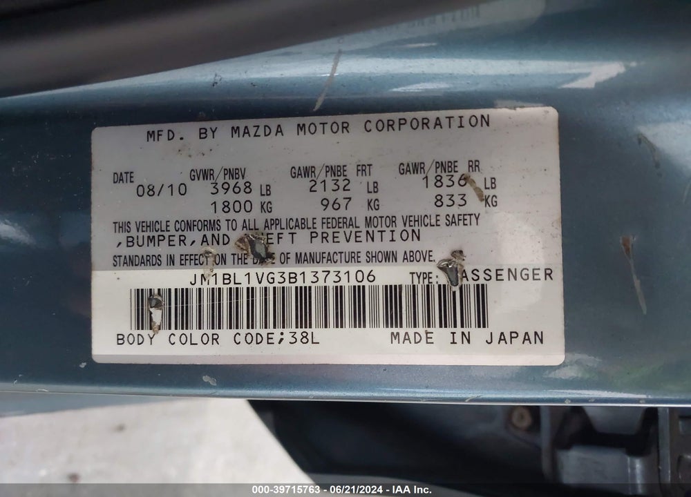 2011 MAZDA 3 I TOURING VIN: JM1BL1VG3B1373106