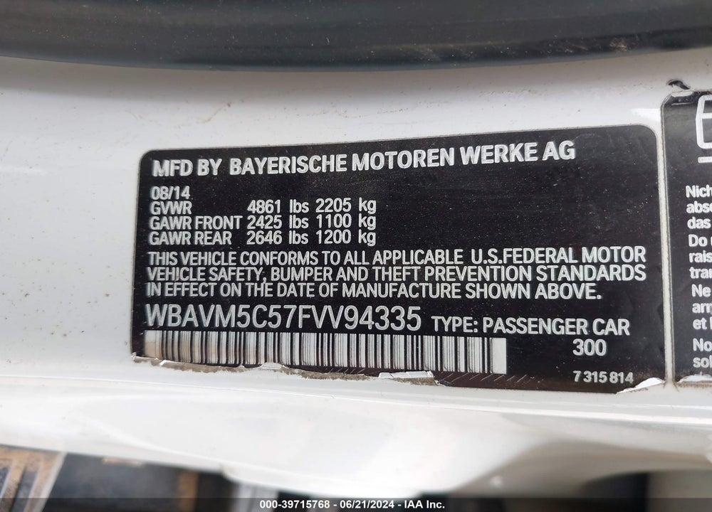 2015 BMW X1 XDRIVE35I VIN: WBAVM5C57FVV94335