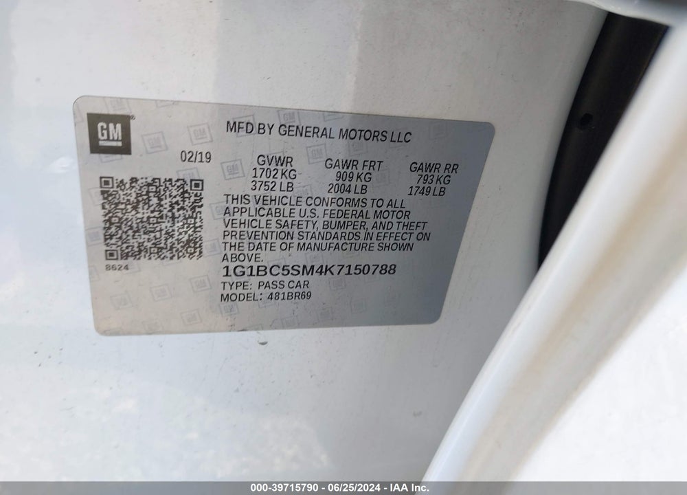 2019 CHEVROLET CRUZE LS VIN: 1G1BC5SM4K7150788