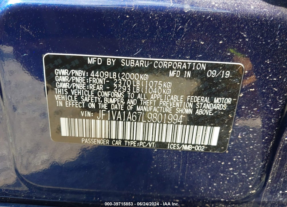 2020 SUBARU WRX VIN: JF1VA1A67L9801994