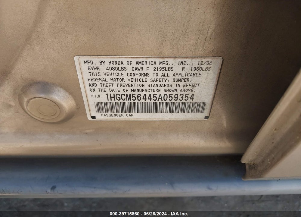 2005 HONDA ACCORD 2.4 LX VIN: 1HGCM56445A059354