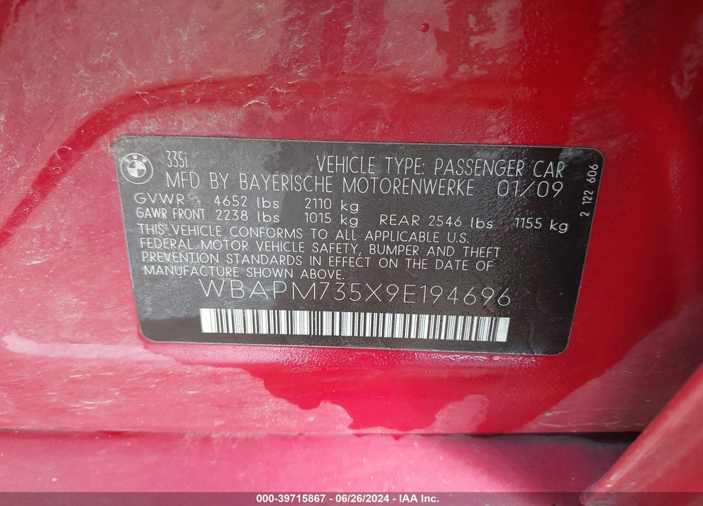 2009 BMW 335I VIN: WBAPM735X9E194696