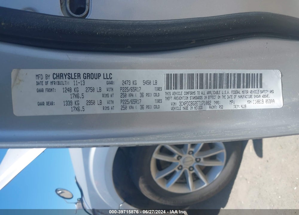 2014 DODGE JOURNEY VIN: 3C4PDCBG2ET171082
