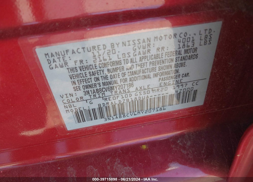2021 NISSAN SENTRA SV XTRONIC CVT VIN: 3N1AB8CV6MY207186