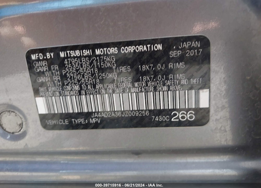 2018 MITSUBISHI OUTLANDER ES VIN: JA4AD2A36JZ009256