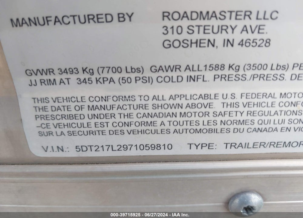 2007 ROADMASTER OTHER VIN: 5DT217L2971059810