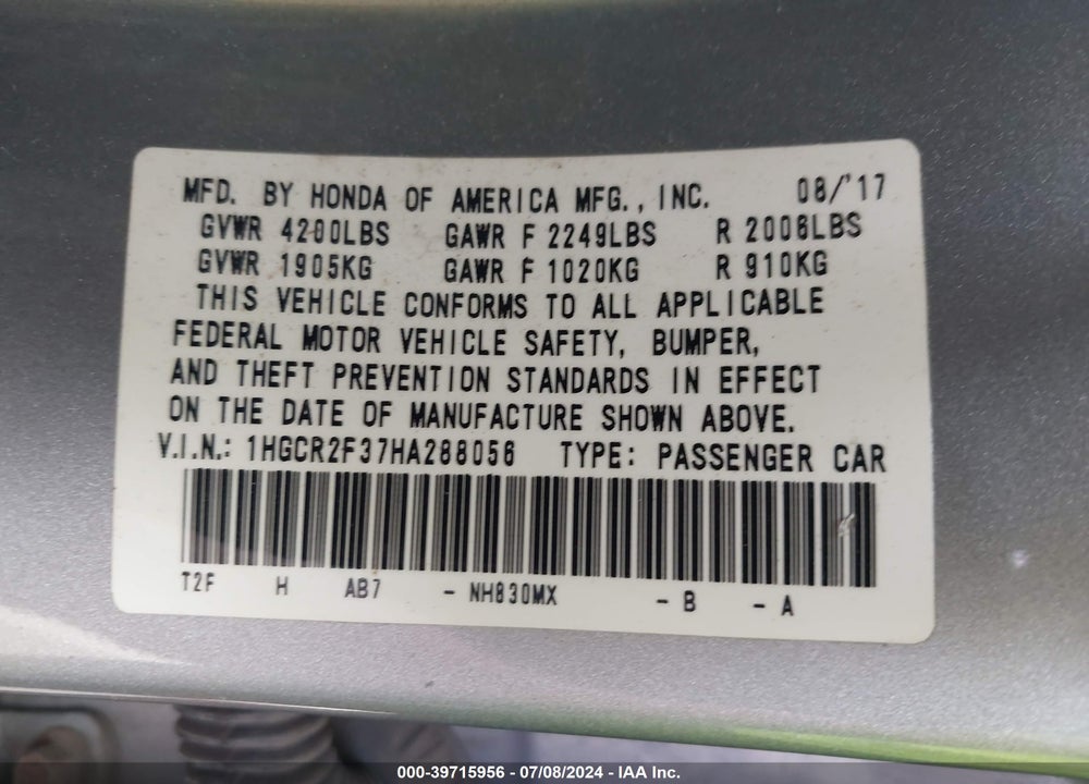 2017 HONDA ACCORD LX VIN: 1HGCR2F37HA288056
