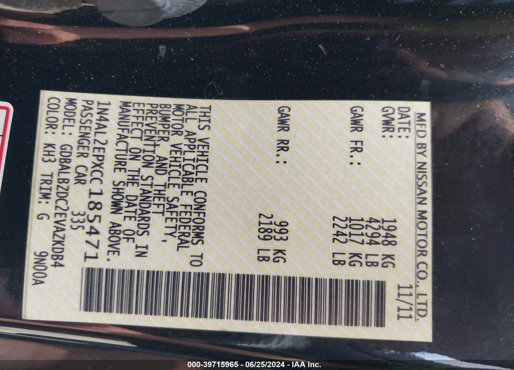 2012 NISSAN ALTIMA 2.5 S VIN: 1N4AL2EPXCC185471