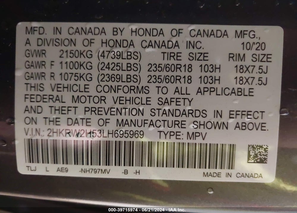2020 HONDA CR-V AWD EX VIN: 2HKRW2H53LH695969