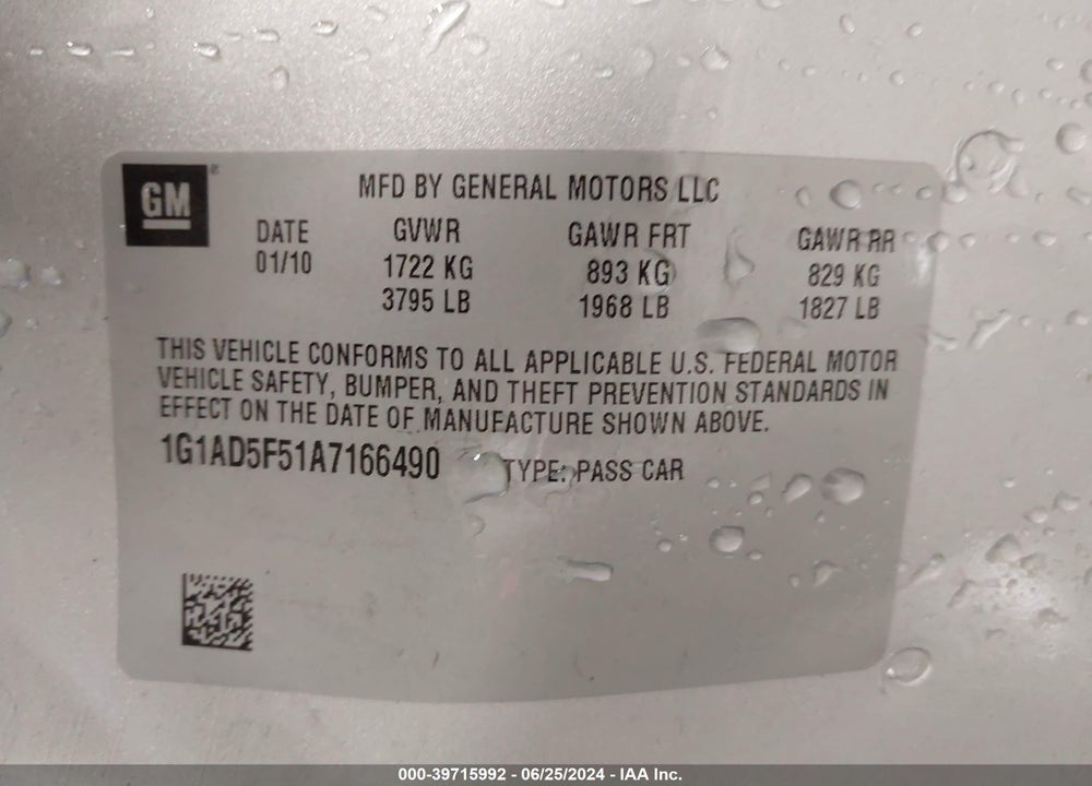 2010 CHEVROLET COBALT LT VIN: 1G1AD5F51A7166490