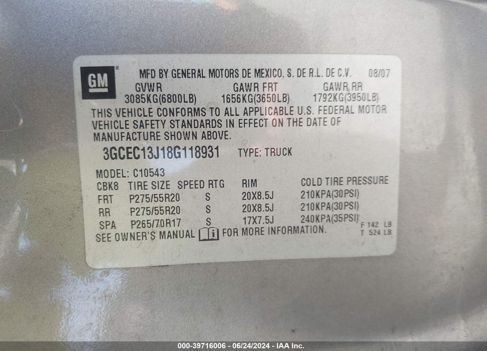 2008 CHEVROLET SILVERADO 1500 LT1 VIN: 3GCEC13J18G118931