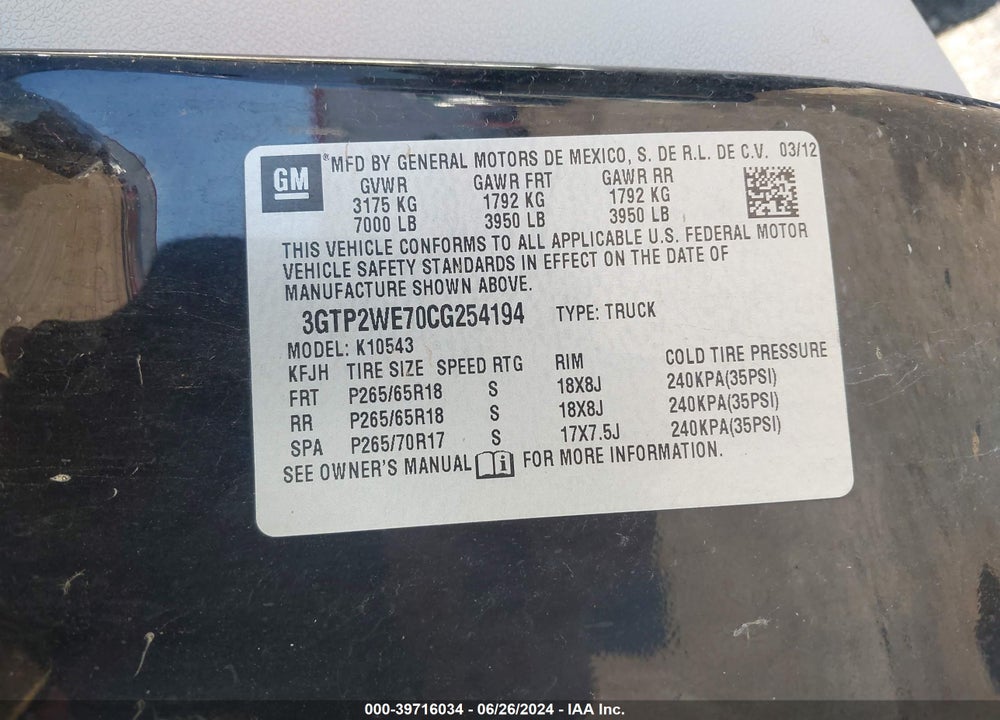 2012 GMC SIERRA 1500 SLT VIN: 3GTP2WE70CG254194