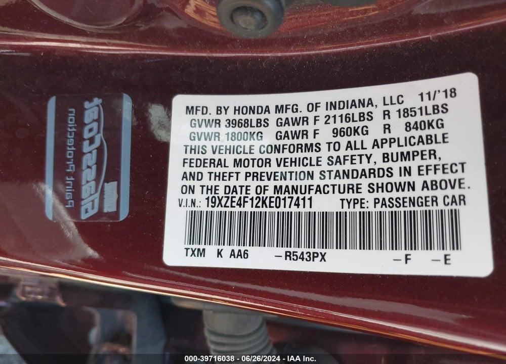 2019 HONDA INSIGHT LX VIN: 19XZE4F12KE017411