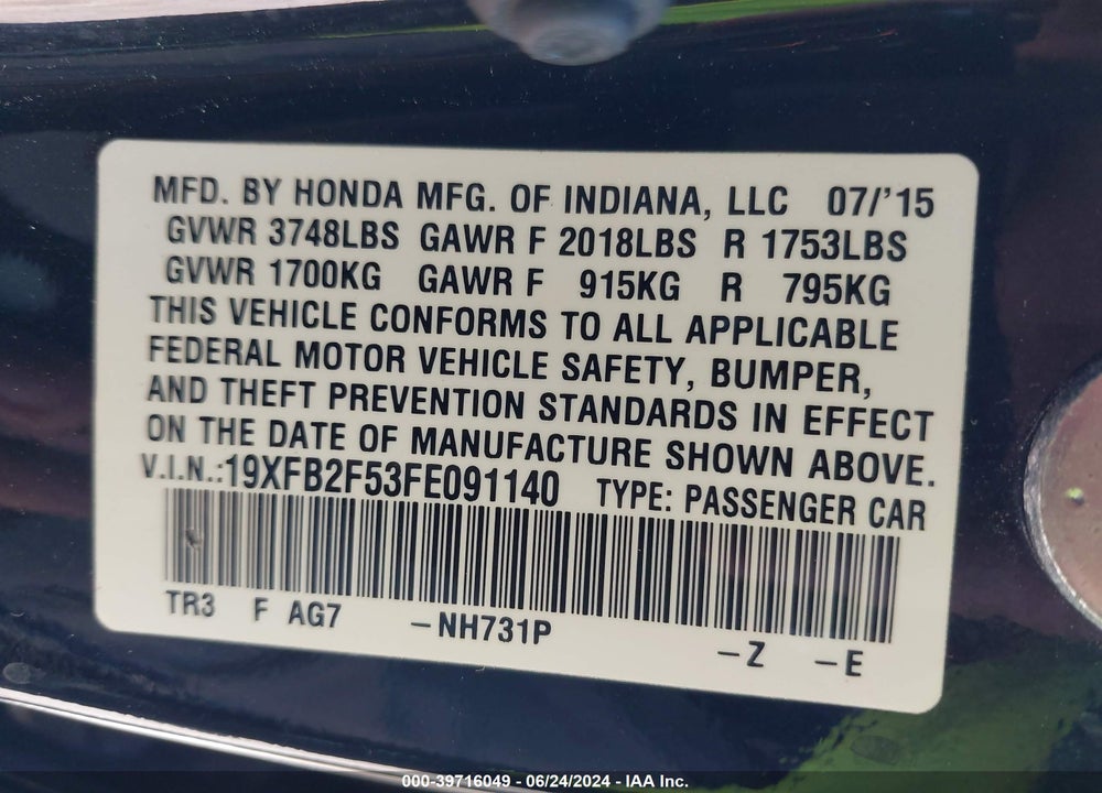 2015 HONDA CIVIC LX VIN: 19XFB2F53FE091140