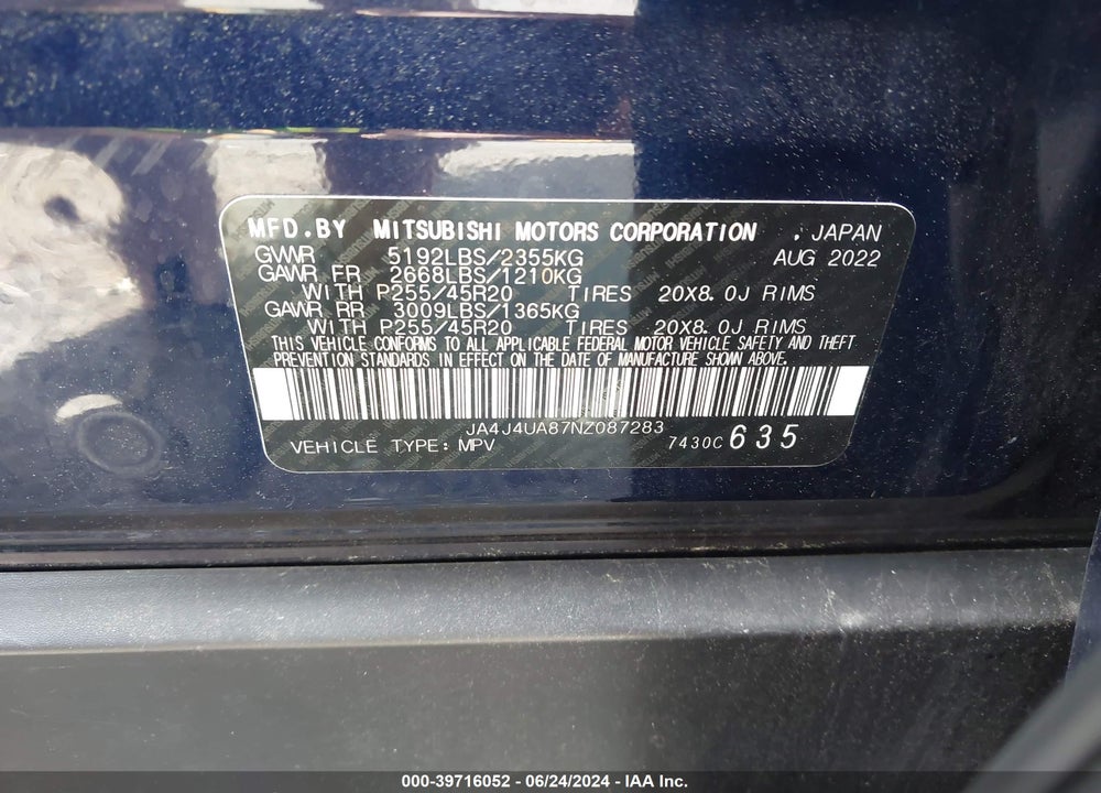 2022 MITSUBISHI OUTLANDER SE BLACK EDITION VIN: JA4J4UA87NZ087283