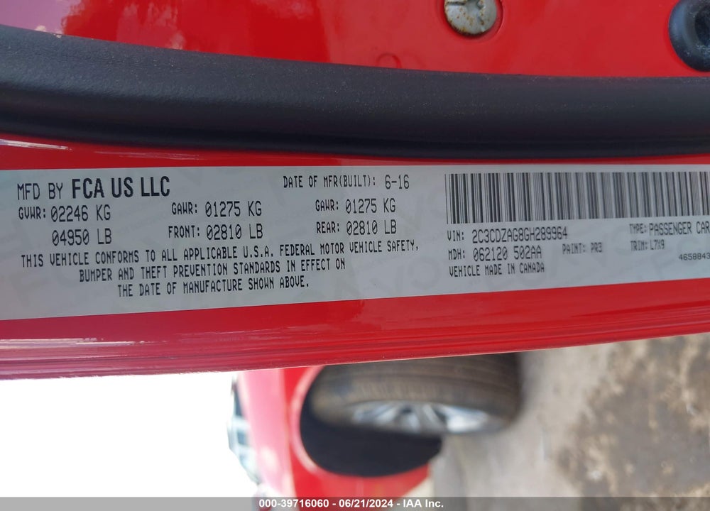 2016 DODGE CHALLENGER SXT VIN: 2C3CDZAG8GH289964