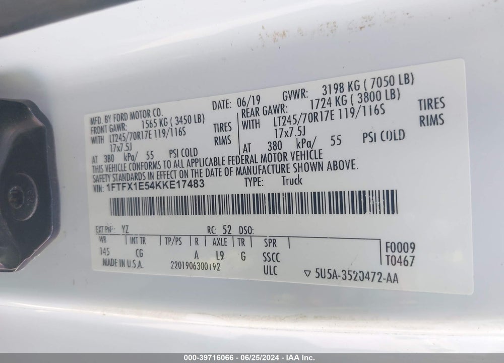 2019 FORD F-150 XL VIN: 1FTFX1E54KKE17483