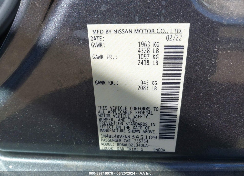 2022 NISSAN ALTIMA S FWD VIN: 1N4BL4BV2NN345109