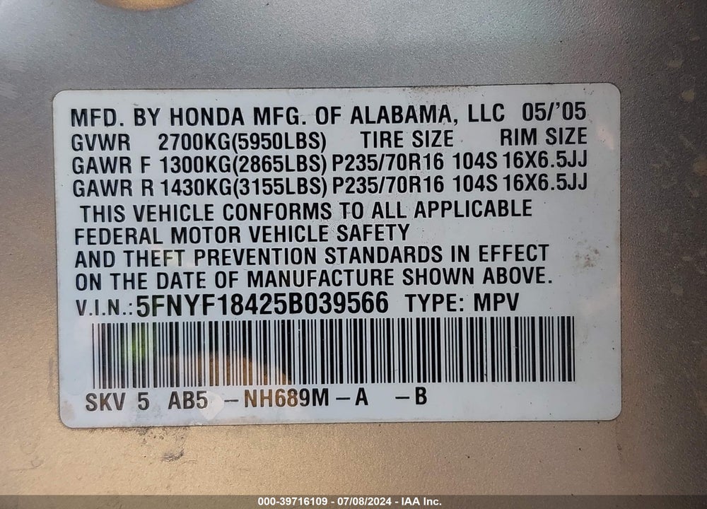 2005 HONDA PILOT VIN: 5FNYF18425B039566