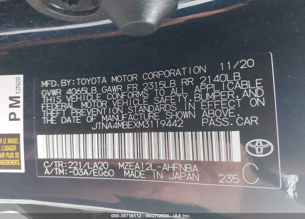 2021 TOYOTA COROLLA XSE VIN: JTNA4MBEXM3119442