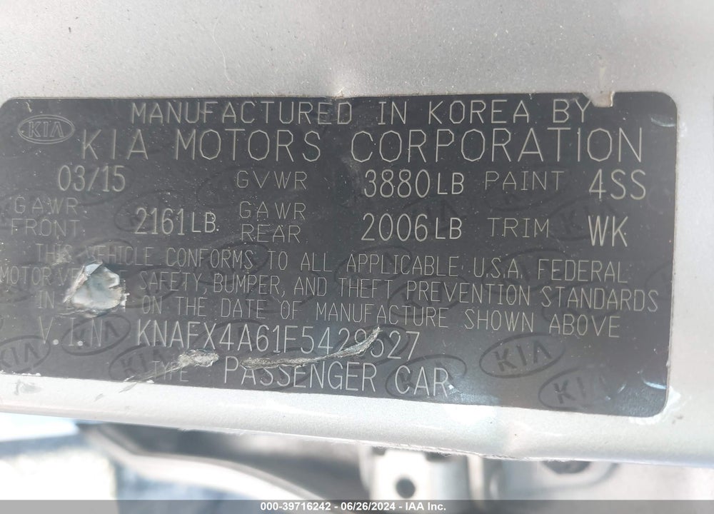 2015 KIA FORTE LX VIN: KNAFX4A61F5429527
