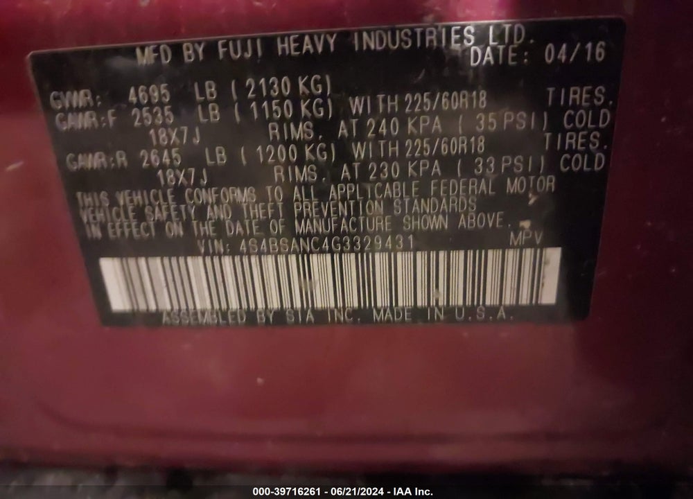 2016 SUBARU OUTBACK 2.5I LIMITED VIN: 4S4BSANC4G3329431