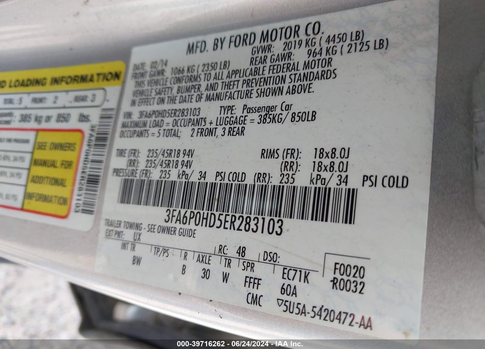 2014 FORD FUSION SE VIN: 3FA6P0HD5ER283103