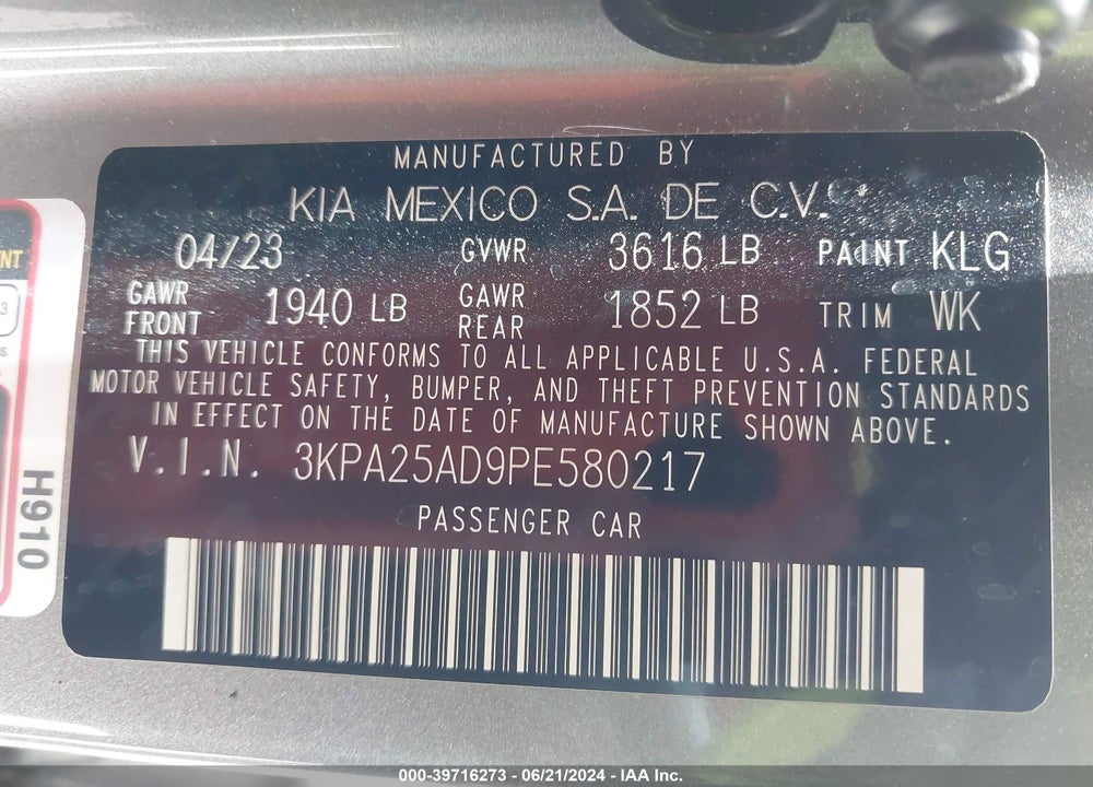 2023 KIA RIO 5-DOOR S VIN: 3KPA25AD9PE580217