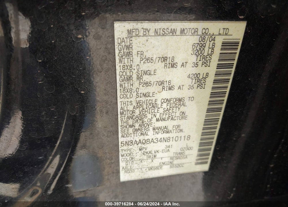 2004 INFINITI QX56 VIN: 5N3AA08A34N810118