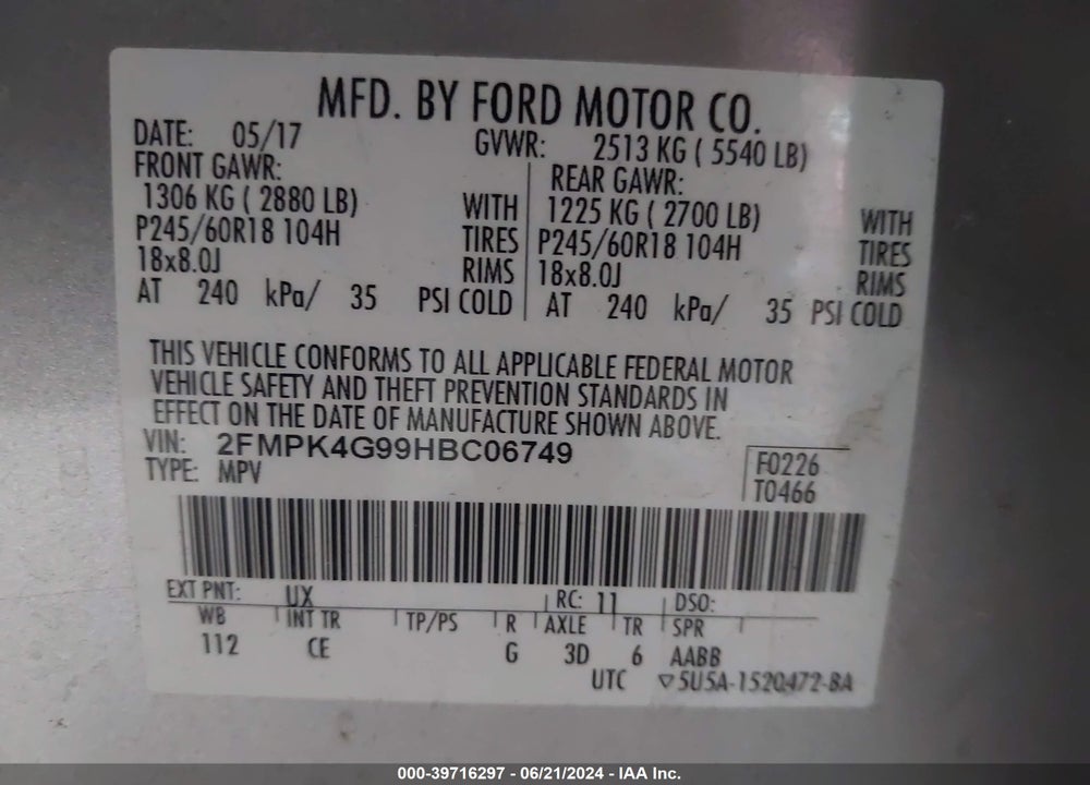 2017 FORD EDGE VIN: 2FMPK4G99HBC06749