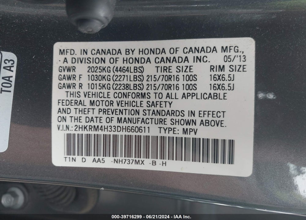 2013 HONDA CR-V LX VIN: 2HKRM4H33DH660611