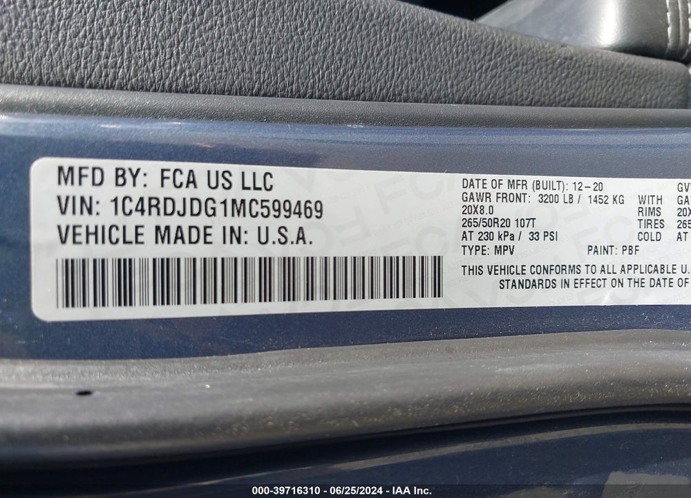 2021 DODGE DURANGO GT AWD VIN: 1C4RDJDG1MC599469