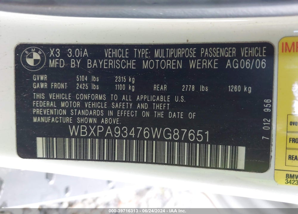 2006 BMW X3 3.0I VIN: WBXPA93476WG87651