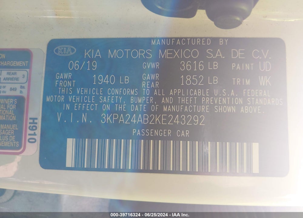 2019 KIA RIO LX VIN: 3KPA24AB2KE243292