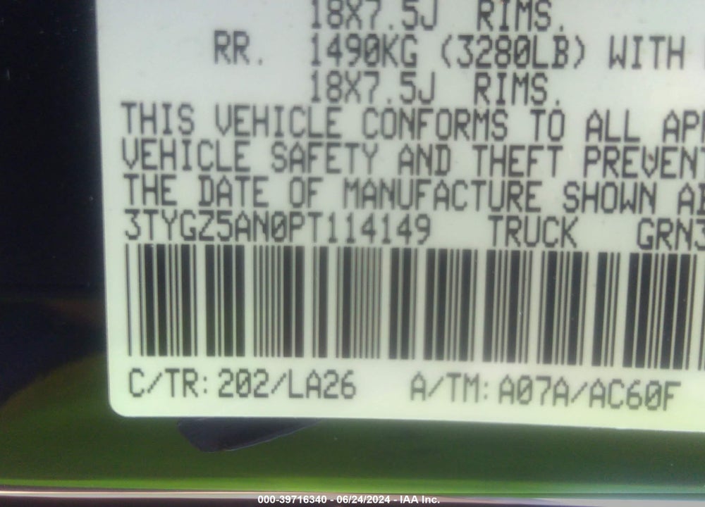 2023 TOYOTA TACOMA LIMITED VIN: 3TYGZ5AN0PT114149