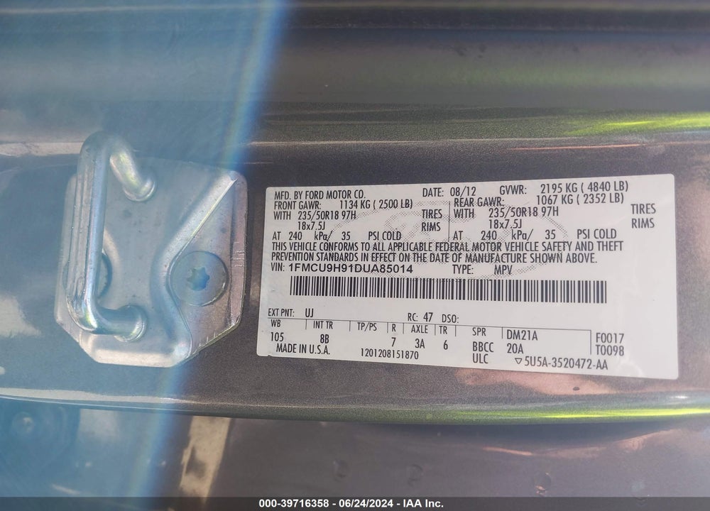 2013 FORD ESCAPE SEL VIN: 1FMCU9H91DUA85014