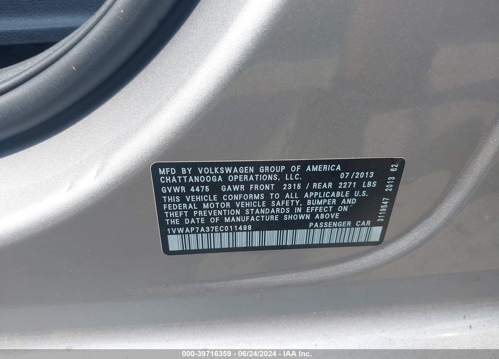 2014 VOLKSWAGEN PASSAT 2.5L S VIN: 1VWAP7A37EC011498