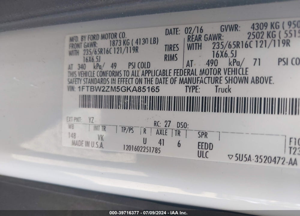 2016 FORD TRANSIT-350 VIN: 1FTBW2ZM5GKA85165