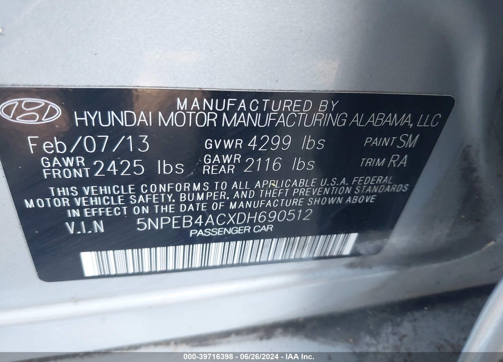 2013 HYUNDAI SONATA GLS VIN: 5NPEB4ACXDH690512