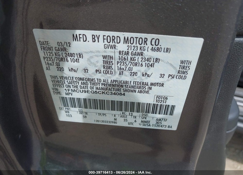 2012 FORD ESCAPE LIMITED VIN: 1FMCU9EG5CKC34084