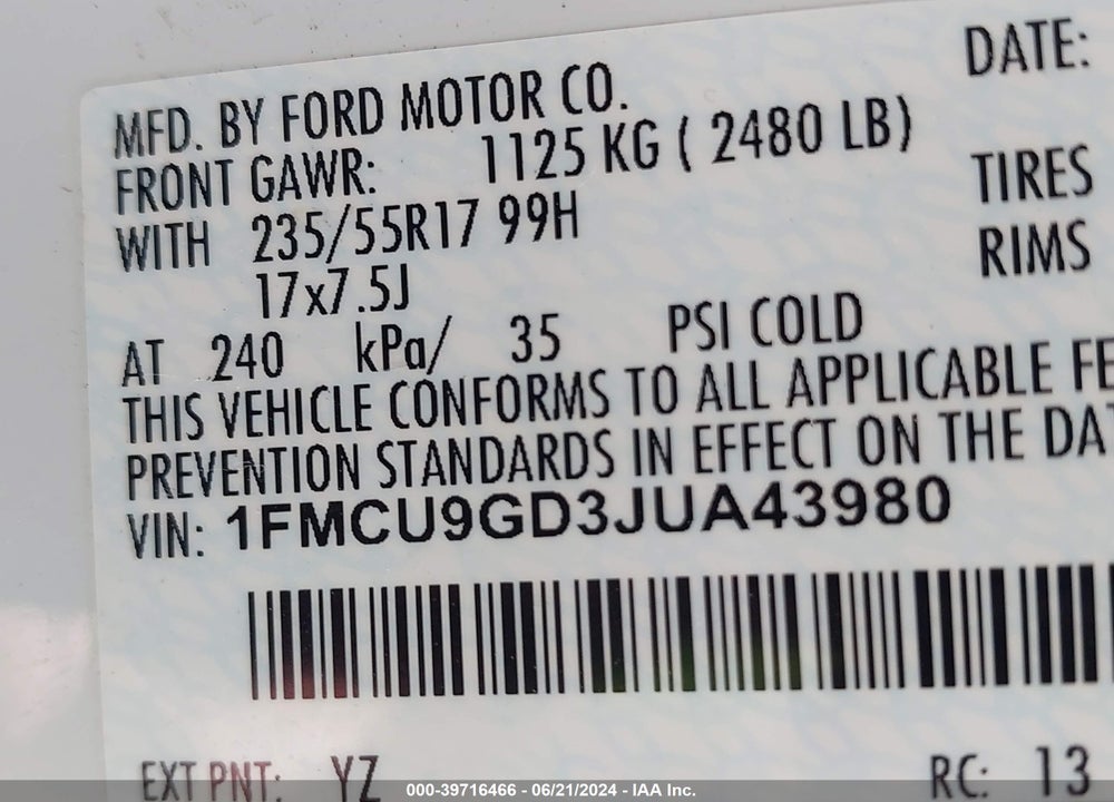 2018 FORD ESCAPE SE VIN: 1FMCU9GD3JUA43980