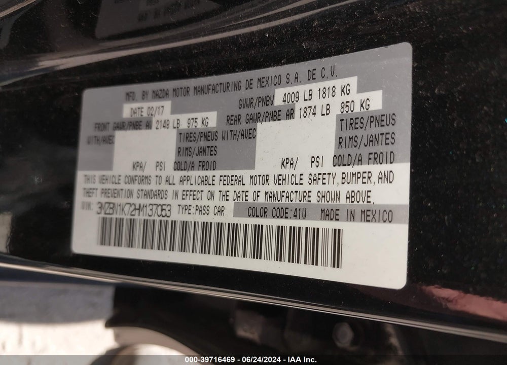2017 MAZDA 3 SPORT VIN: 3MZBN1K72HM137053