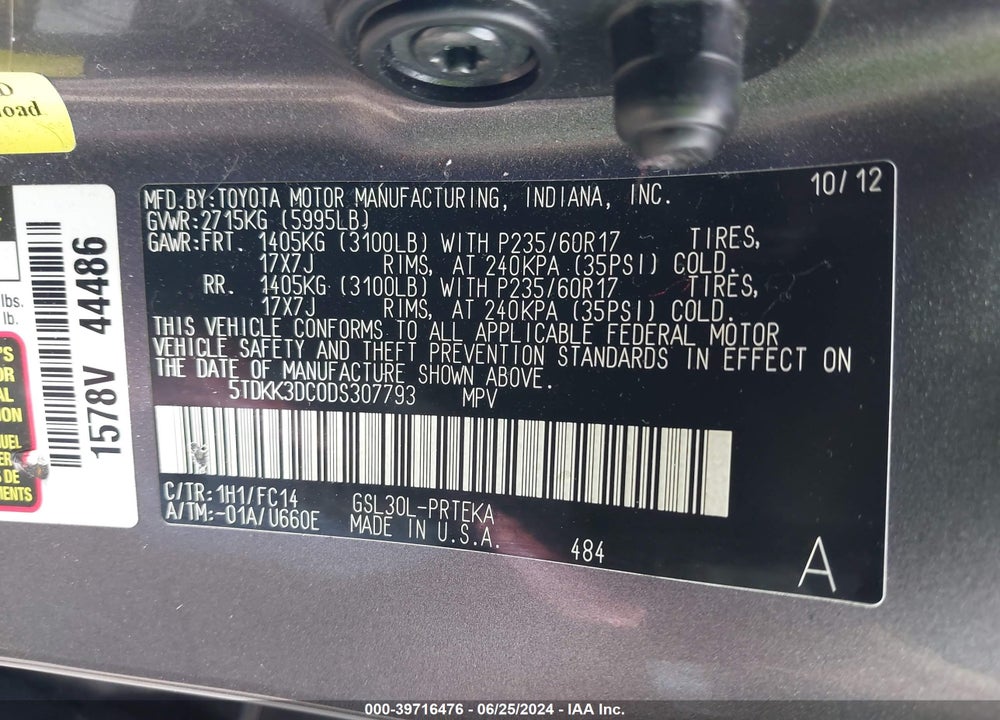 2013 TOYOTA SIENNA LE V6 8 PASSENGER VIN: 5TDKK3DC0DS307793