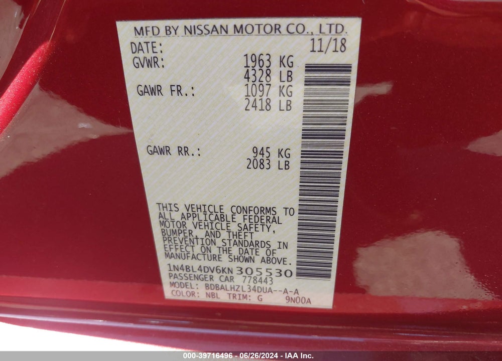 2019 NISSAN ALTIMA 2.5 SV VIN: 1N4BL4DV6KN305530