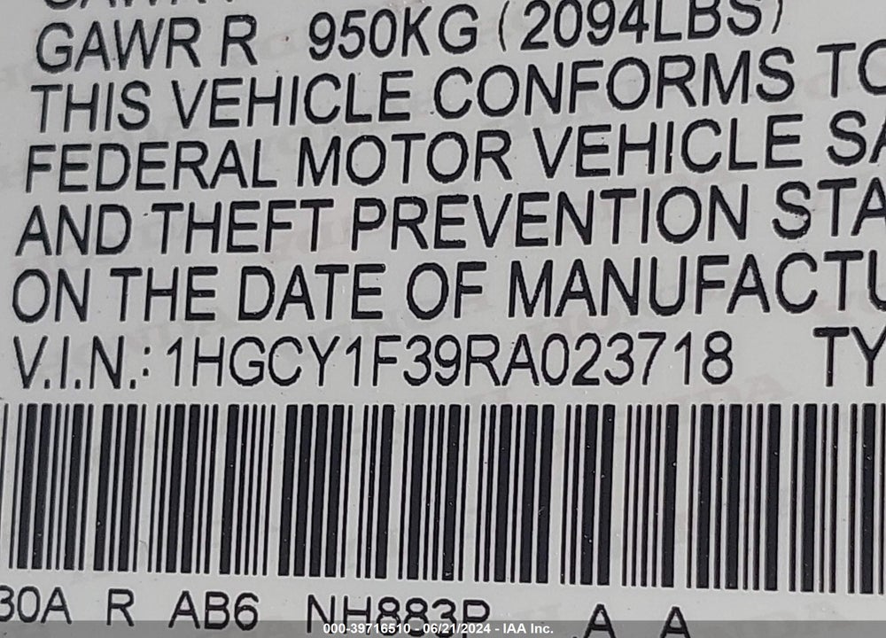 2024 HONDA ACCORD EX VIN: 1HGCY1F39RA023718