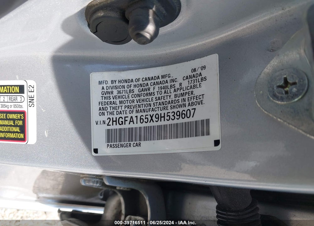2009 HONDA CIVIC LX VIN: 2HGFA165X9H539607
