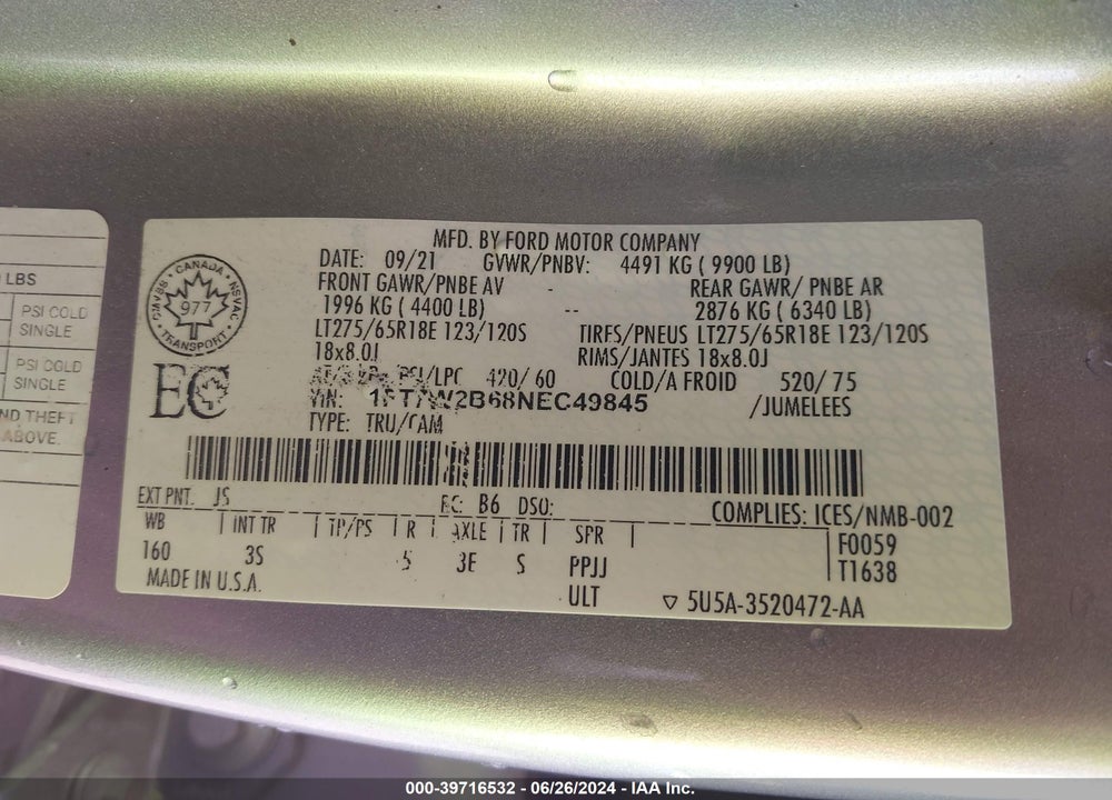 2022 FORD F-250 XLT VIN: 1FT7W2B68NEC49845